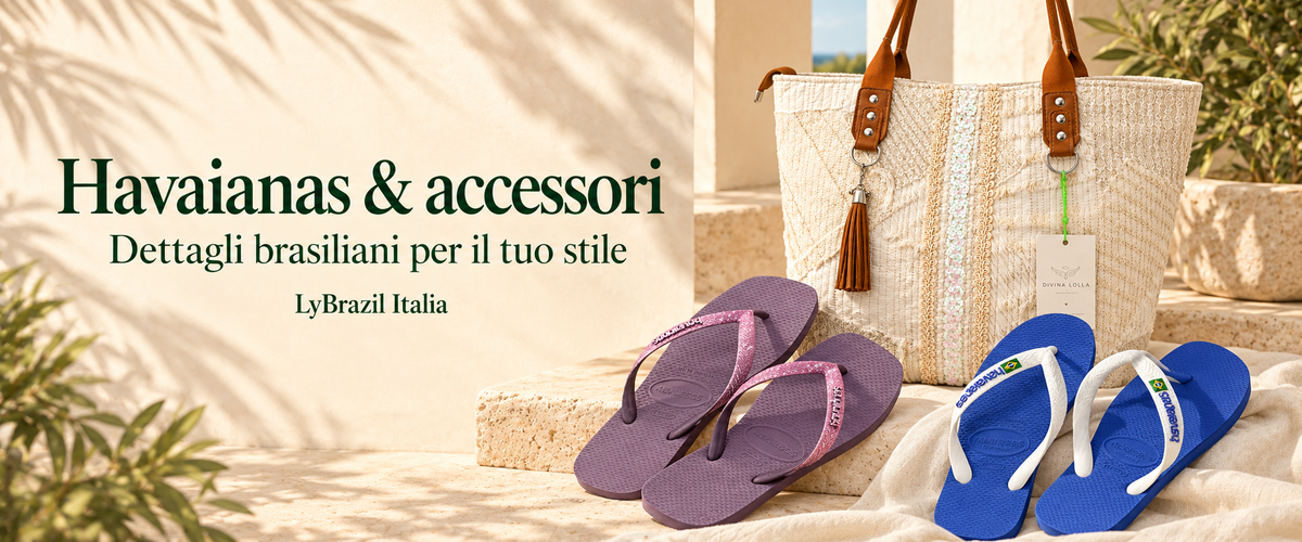 Havaianas e accessori LyBrazil: infradito viola e blu con borsa Divina Lolla color crema.