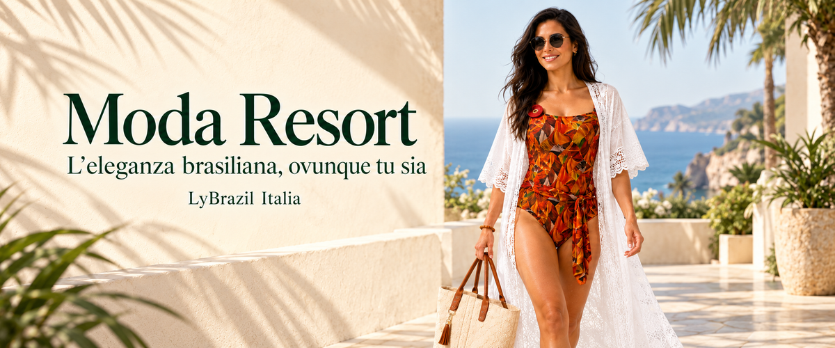Moda Resort LyBrazil: kimono bianco, costume con stampa tropicale e borsa Divina Lolla su una terrazza sul mare.